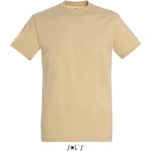 A men's round neck T-shirt in a light beige colour, made from 100% semi combed ring spun cotton, featuring a logo.