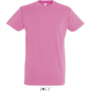 A pink round neck men's T-shirt made from 100% semi combed ring spun cotton, featuring a logo.