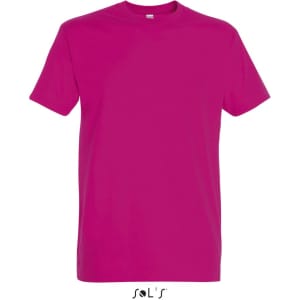 A round neck men's T-shirt in vibrant magenta, made from 100% semi-combed ring spun cotton, featuring a logo.