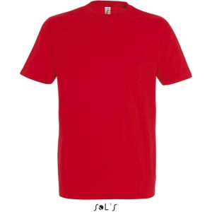 A red round neck T-shirt for men, made from 100% semi-combed ring spun cotton, featuring a logo.