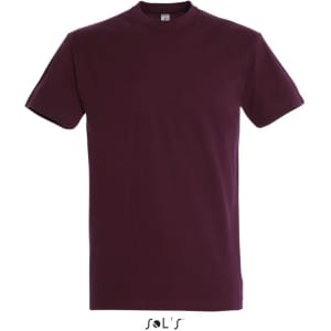 A round neck men's T-shirt in dark burgundy, made from 100% semi combed ring spun cotton, featuring a logo.