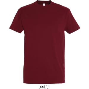 A maroon round neck men's T-shirt made from 100% semi-combed ring spun cotton, featuring a logo.