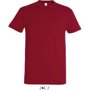 A red round neck men's T-shirt made from 100% semi-combed ring spun cotton, featuring a logo.