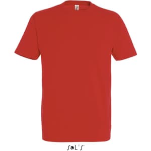 A red round neck men's T-shirt made from 100% semi-combed ring spun cotton, featuring a logo.