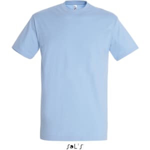 A light blue round neck men's T-shirt made of 100% semi combed ring spun cotton. It features a branding logo.