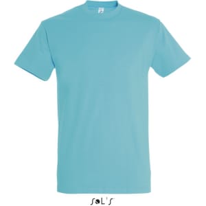 A light blue round neck men's T-shirt made from 100% semi-combed ring spun cotton, featuring a logo.