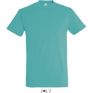 A turquoise round neck men's T-shirt made from 100% semi combed ring spun cotton. It features a logo.