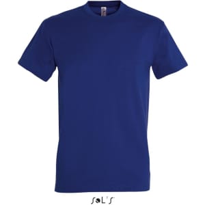 A round neck men's T-shirt in solid navy blue, made from 100% semi combed ring spun cotton, featuring a logo.