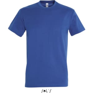 A blue round neck men's T-shirt made from 100% semi combed ring spun cotton, featuring a logo.
