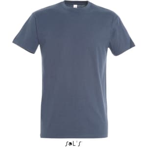 A men's round neck T-shirt in navy blue, made of 100% semi-combed ring spun cotton, featuring a logo.