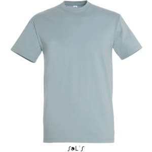 A light blue round neck men's T-shirt made from 100% semi combed ring spun cotton, featuring a logo.