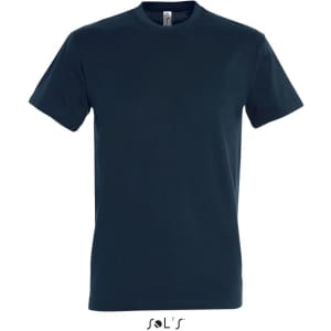 A navy blue round neck men's T-shirt made from 100% semi-combed ring spun cotton. It features a logo.