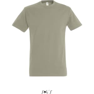 A men's round neck T-shirt in a muted khaki colour, made from 100% semi combed ring spun cotton, featuring a logo.
