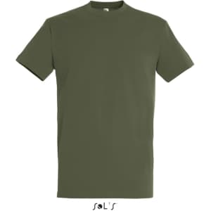 A round neck men's T-shirt in olive green, made from 100% semi-combed ring-spun cotton, with a logo.