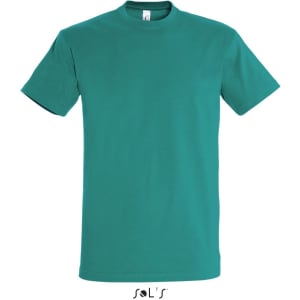 A teal round neck T-shirt made from 100% semi-combed ring spun cotton, featuring a logo.