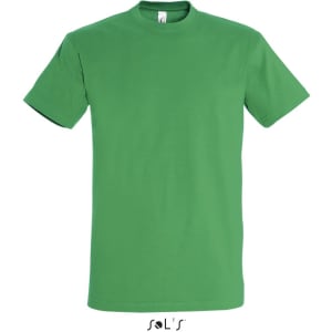 A green men's T-shirt with a round neck, made from 100% semi-combed ring-spun cotton, featuring a logo.