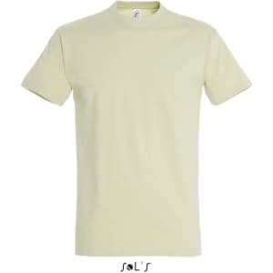 A yellow round neck T-shirt for men, made from 100% semi-combed ring spun cotton, featuring a logo.
