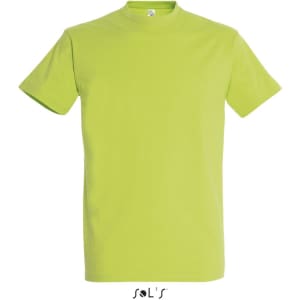 A lime green round neck men's T-shirt made from 100% semi combed ring spun cotton with a logo.