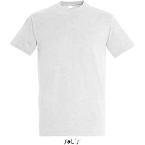 A grey round neck T-shirt made from 100% semi combed ring spun cotton, featuring a logo.