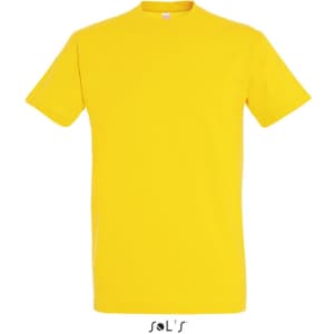 A yellow round neck T-shirt made of 100% semi combed ring spun cotton with a logo on the front.