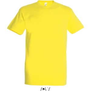 A yellow round neck T-shirt made from 100% semi-combed ring spun cotton, featuring a logo.