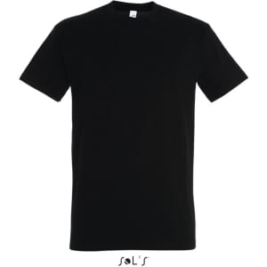 A black round neck T-shirt made from 100% semi combed ring spun cotton, featuring a logo.