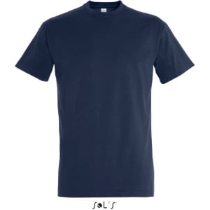 A navy round neck men's t-shirt made of 100% semi combed ring spun cotton, featuring a logo at the bottom.