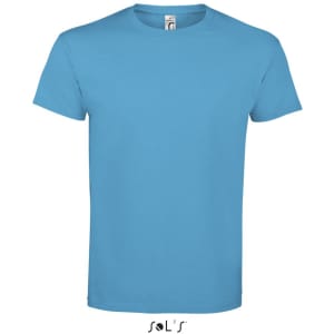 A blue round neck men's T-shirt made from 100% semi-combed ring spun cotton, featuring a logo.