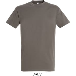 A round neck men's T-shirt in a grey shade made from 100% semi-combed ring spun cotton, featuring a logo.