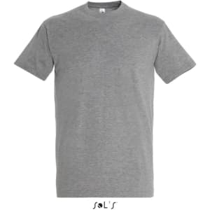 A grey round neck T-shirt made of 100% semi-combed ring-spun cotton, featuring a logo at the bottom.