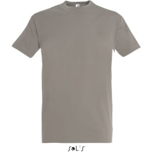 A round-neck men's T-shirt in a neutral grey colour, made from 100% semi-combed ring-spun cotton, featuring a brand logo.