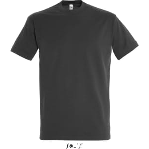 A round neck men's T-shirt in charcoal grey made from 100% semi-combed ring spun cotton. Features a logo.
