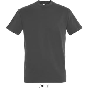 A round neck men's T-shirt in charcoal grey, made from 100% semi-combed ring spun cotton, featuring a logo.