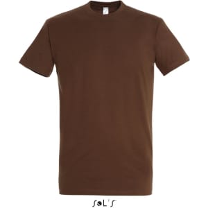 A brown round neck men's T-shirt made from 100% semi-combed ring-spun cotton, featuring a logo.