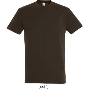 A brown round neck T-shirt made from 100% semi-combed ring-spun cotton, featuring a label.