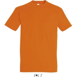A plain orange round neck men's T-shirt made of 100% semi-combed ring spun cotton with a branding logo.
