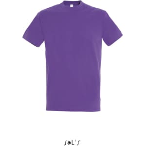 A purple round neck men's T-shirt made from 100% semi-combed ring-spun cotton, featuring a logo.