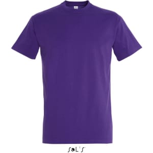 A purple round neck T-shirt made of 100% semi combed ring spun cotton, featuring a logo at the bottom.
