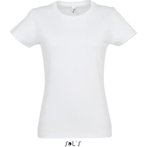 A white women's round neck T-shirt with short sleeves, featuring a logo on the hem.