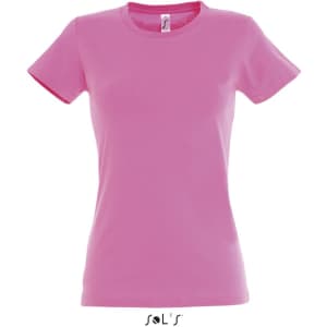 A pink women's round neck T-shirt with short sleeves and a logo on the label.