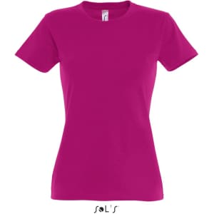 A women's round neck T-shirt in vibrant pink, featuring a fitted design and a brand logo.