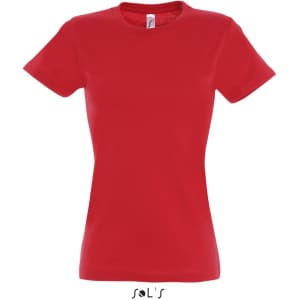 A red women's round neck T-shirt with short sleeves, featuring a brand logo.
