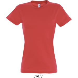 A red women's round neck T-shirt featuring a fitted style and a small logo at the neck.