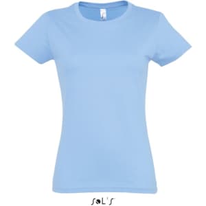 A light blue women's round neck T-shirt with a fitted design and a logo at the bottom.