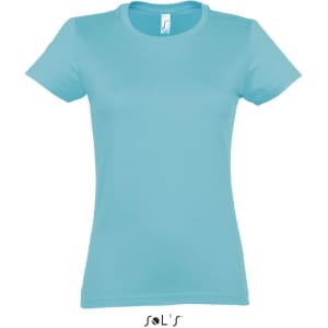 A light blue women's round neck T-shirt with a fitted design and a small logo at the neckline.
