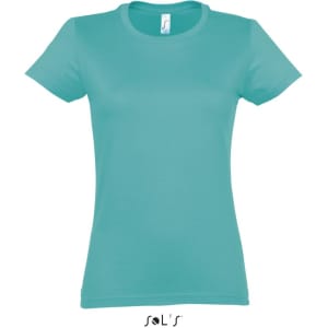 A women's round neck T-shirt in a vibrant teal colour with a fitted design and a logo at the bottom.