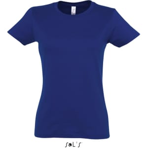 A women's round neck t-shirt in navy blue, featuring a brand logo on the front.