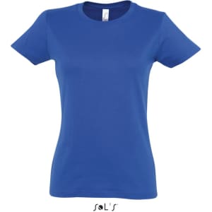 A royal blue women's round neck t-shirt featuring short sleeves and a standard fit. It has a branding logo.