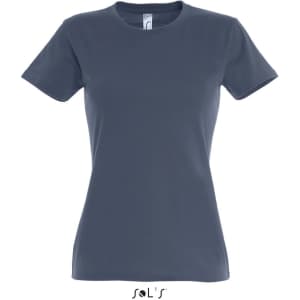 A women's round neck T-shirt in navy blue, featuring a fitted design and a small logo at the label.