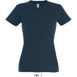 A women's round neck T-shirt in navy blue with a branding logo.